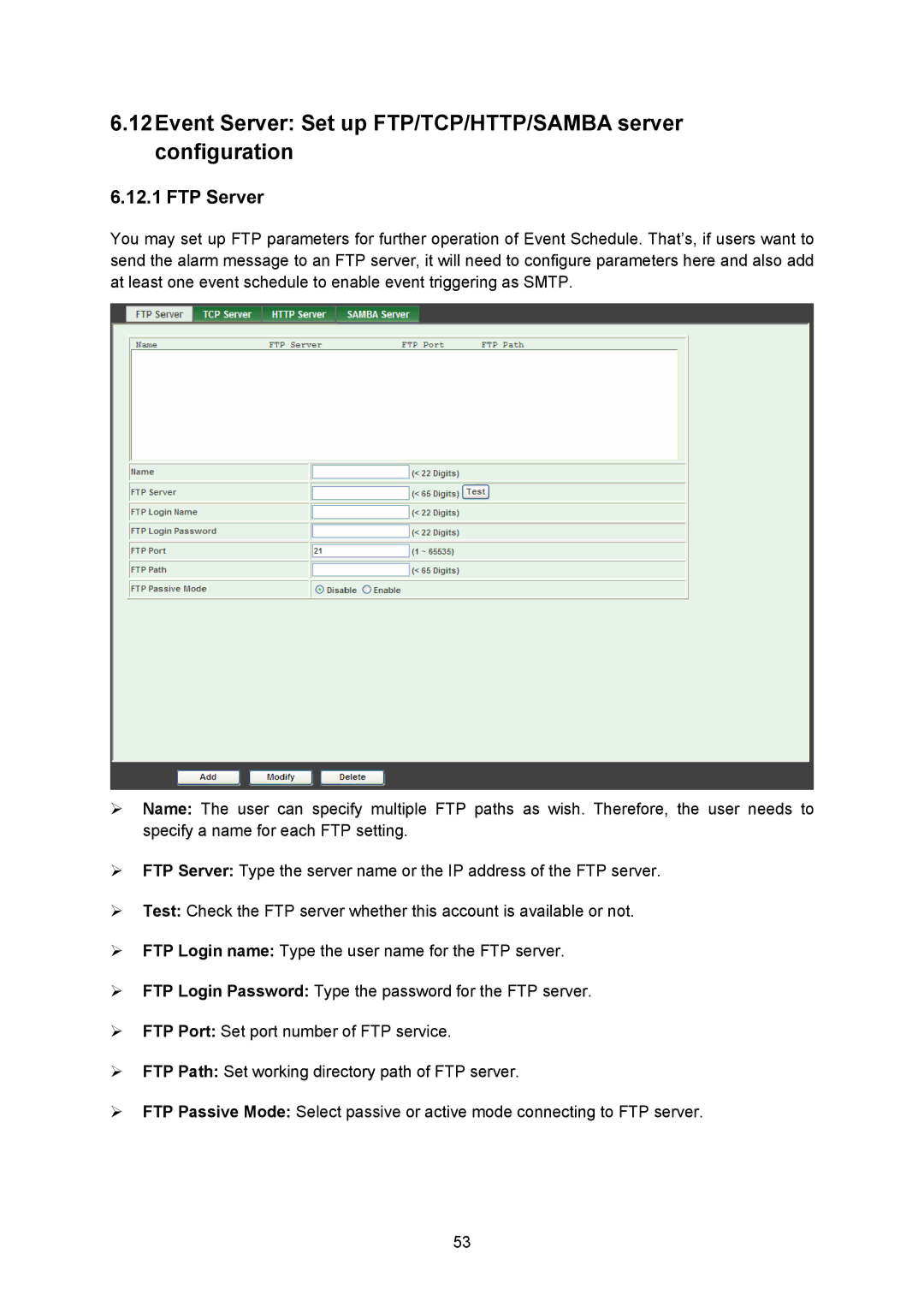 TP-Link TL-SC323ON, TL-SC3230N manual Event Server Set up FTP/TCP/HTTP/SAMBA server configuration, FTP Server 