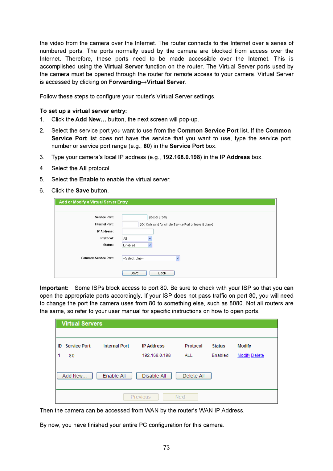 TP-Link TL-SC323ON, TL-SC3230N manual To set up a virtual server entry 