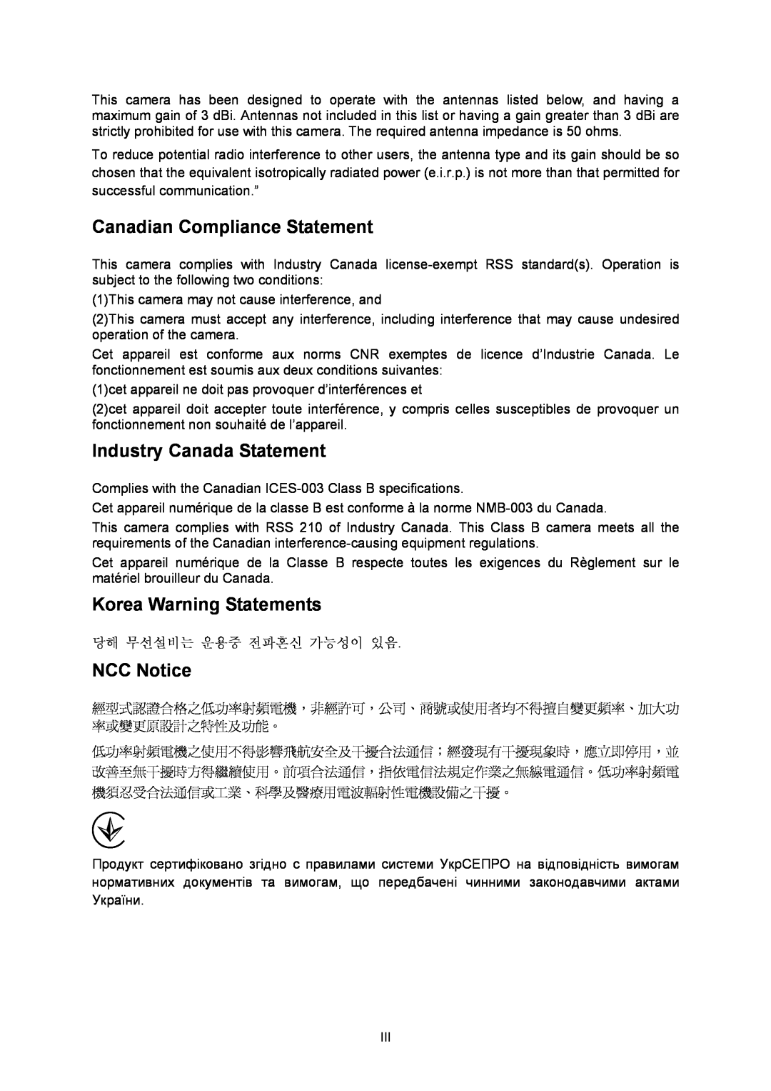 TP-Link TL-SC3230N manual Canadian Compliance Statement, Industry Canada Statement, Korea Warning Statements, NCC Notice 