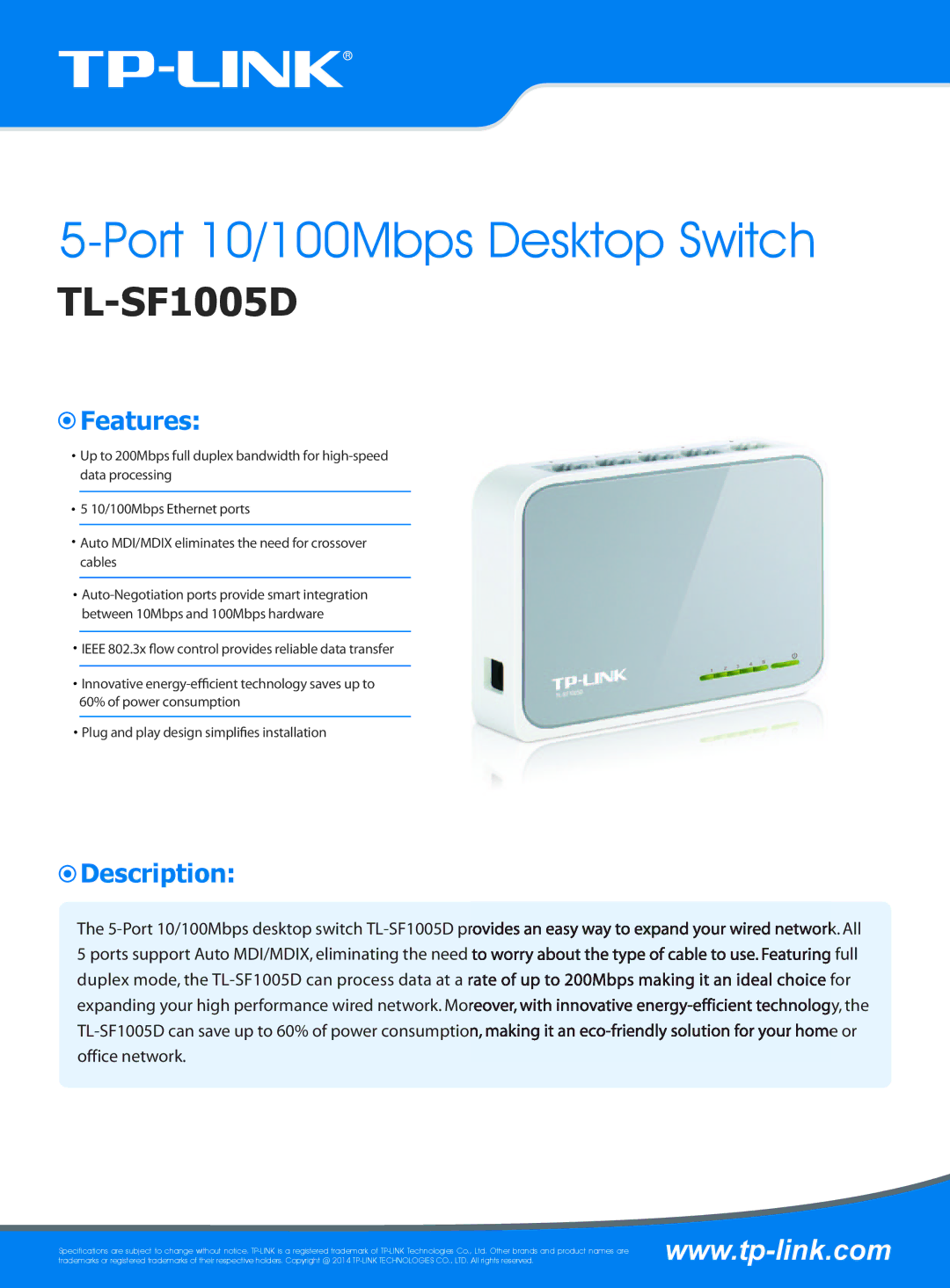 TP-Link TL-SF1005D specifications Port 10/100Mbps Desktop Switch, Features, Description 