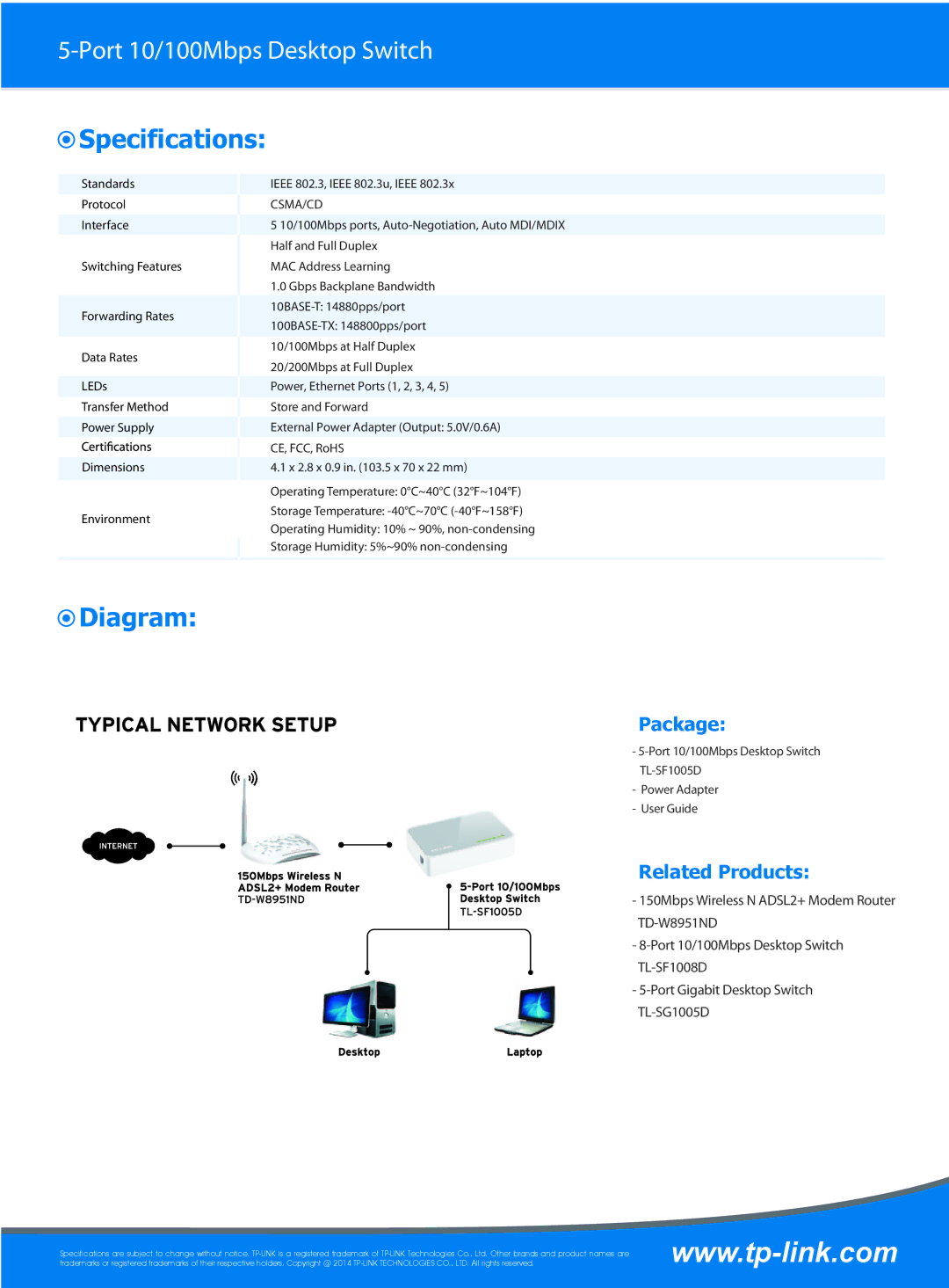 TP-Link TL-SF1005D specifications Specifications, Diagram, Package, Related Products, Csma/Cd 