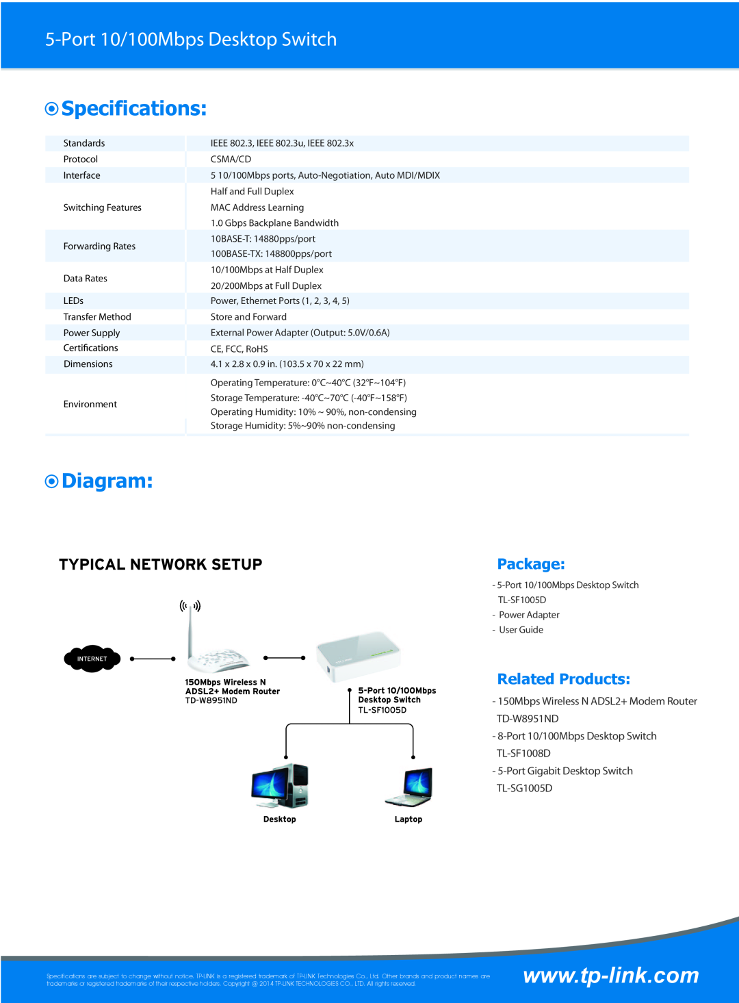 TP-Link TL-SF1005D specifications Specifications, Diagram, Port 10/100Mbps Desktop Switch, Package, Related Products 