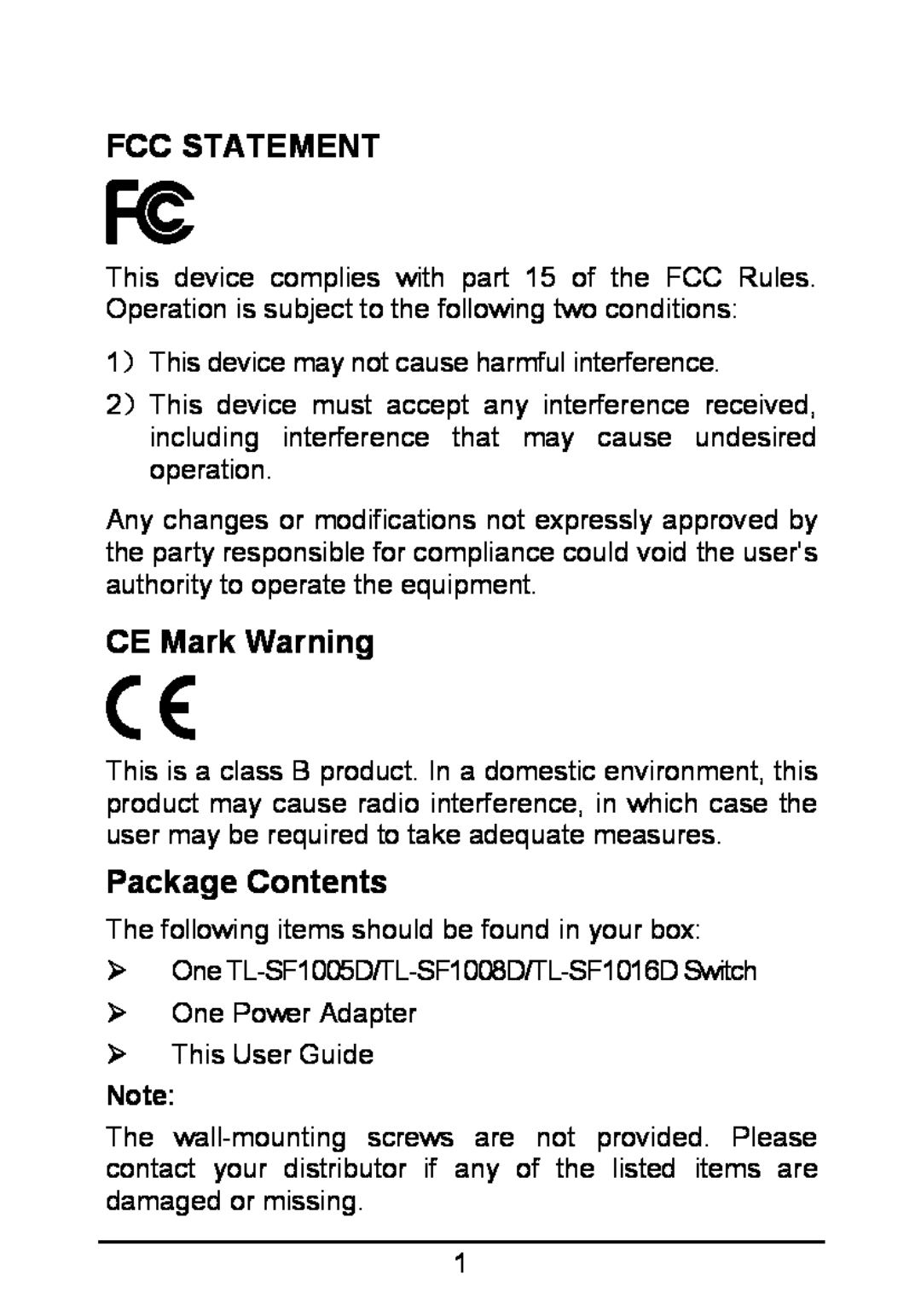 TP-Link TL-SF1005D manual Fcc Statement, CE Mark Warning, Package Contents 