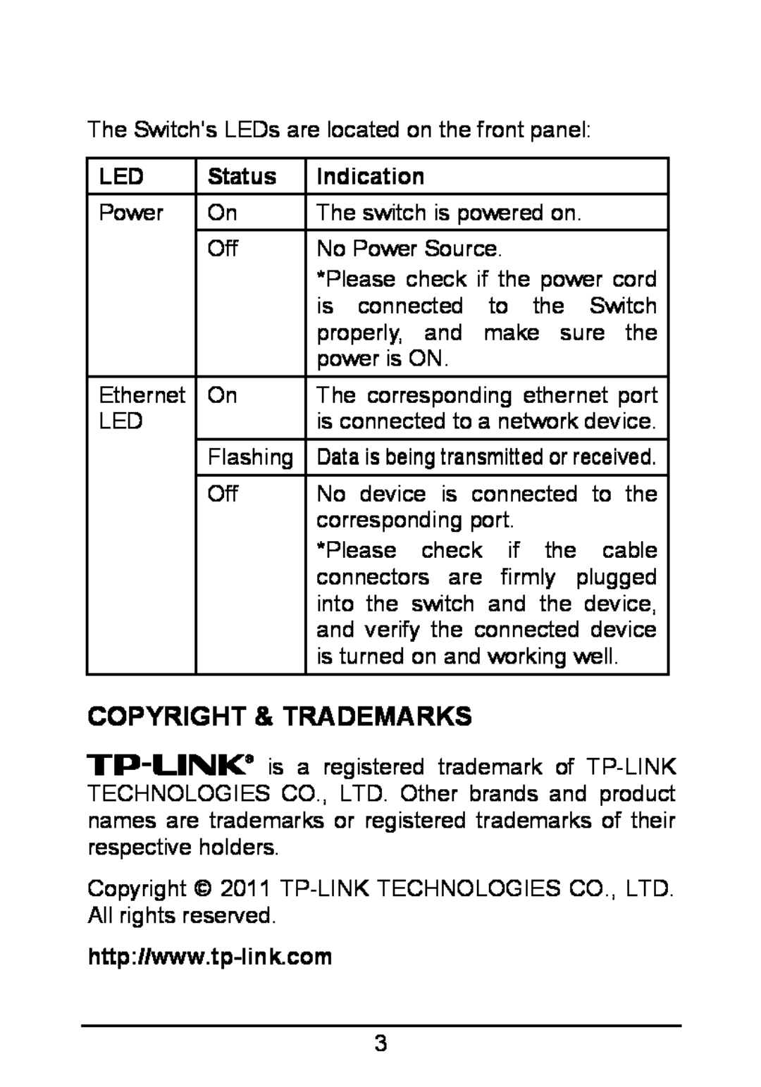 TP-Link TL-SF1005D manual Copyright & Trademarks, Status, Indication 