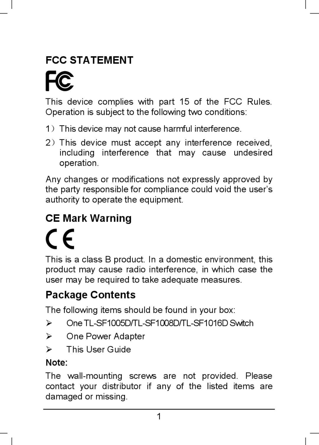 TP-Link TL-SF1016D, TL-SF1008D, TL-SF1005D manual Fcc Statement, CE Mark Warning, Package Contents 
