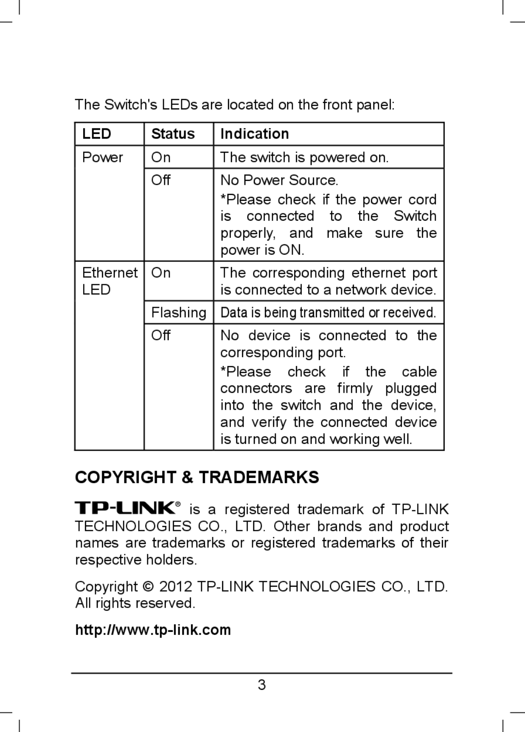 TP-Link TL-SF1005D, TL-SF1008D, TL-SF1016D manual Copyright & Trademarks, Status, Indication 