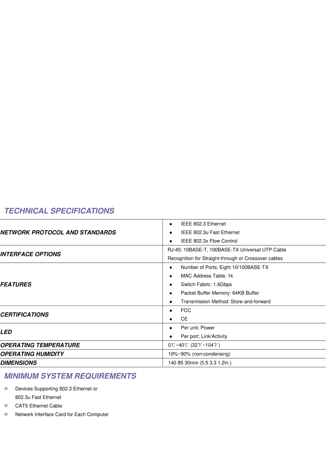 TP-Link TL-SF1008D manual Technical Specifications, Minimum System Requirements 