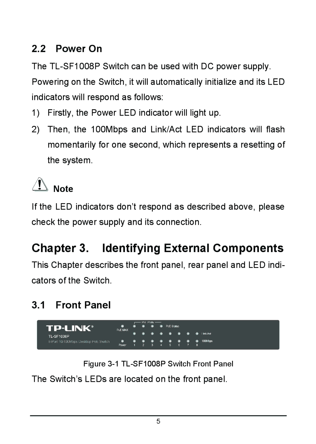 TP-Link TL-SF1008P manual Identifying External Components, Power On, Front Panel 