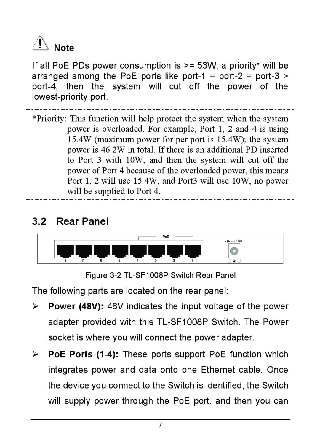 TP-Link TL-SF1008P manual Rear Panel, Following parts are located on the rear panel 