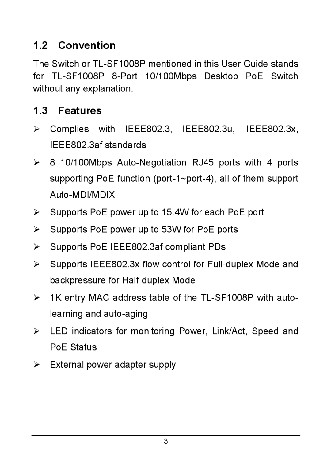 TP-Link TL-SF1008P manual Convention, Features 