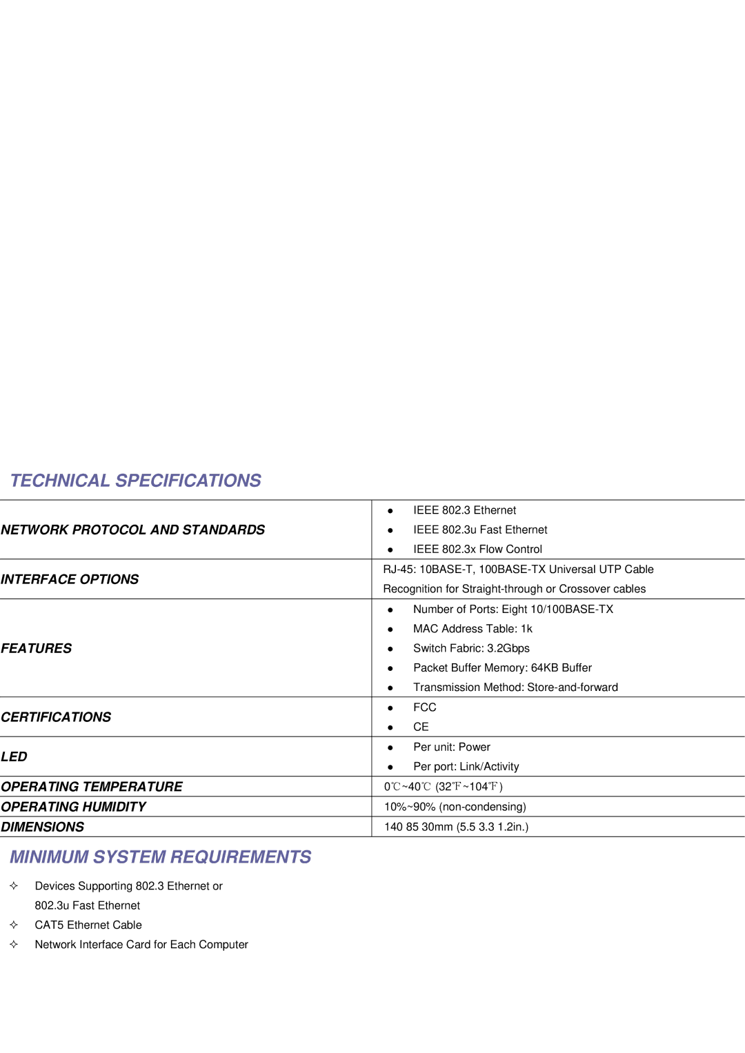 TP-Link TL-SF1016D manual Technical Specifications, Minimum System Requirements 