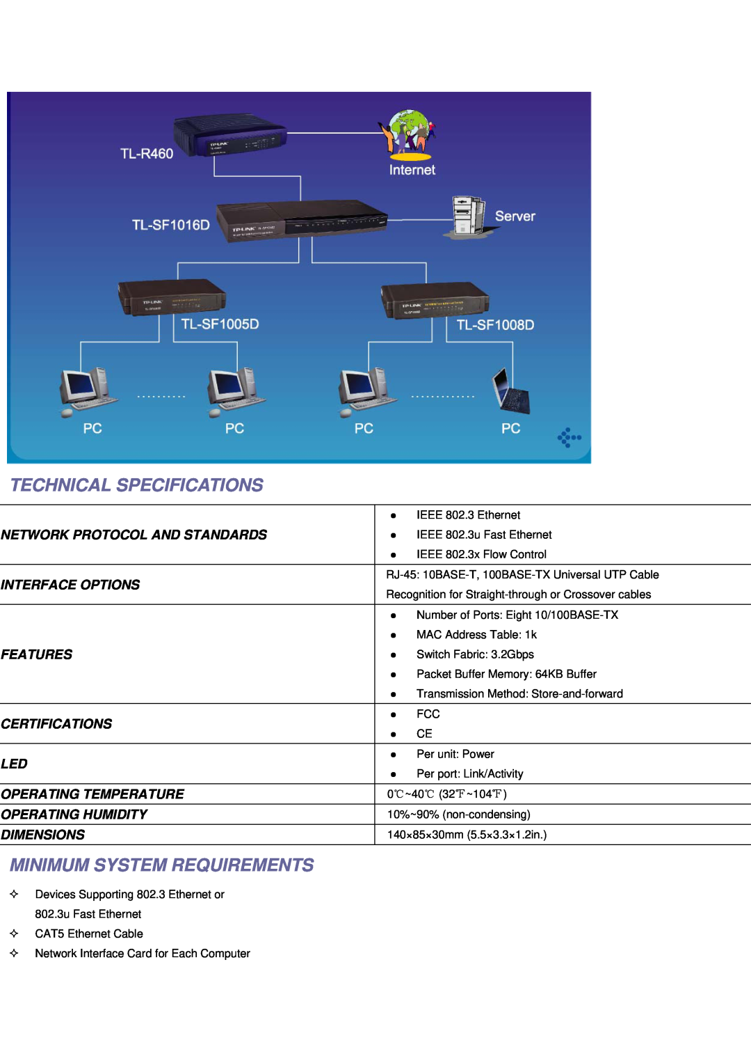 TP-Link TL-SF1016D manual Technical Specifications, Minimum System Requirements, Network Protocol And Standards, Features 
