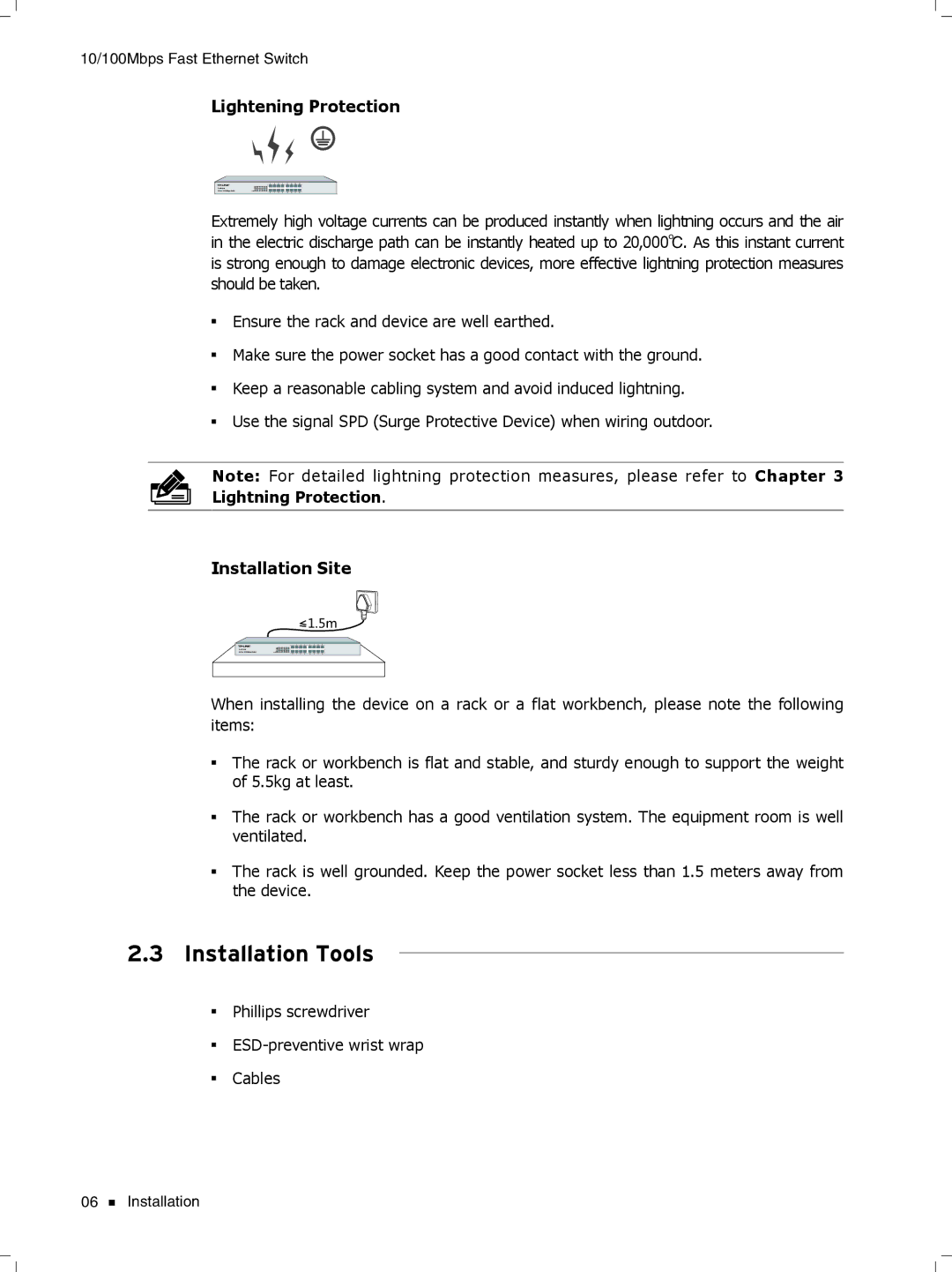 TP-Link TL-SF1048, TL-SF1024D, TL-SF1016DS manual Installation Tools, Lightening Protection, Installation Site 