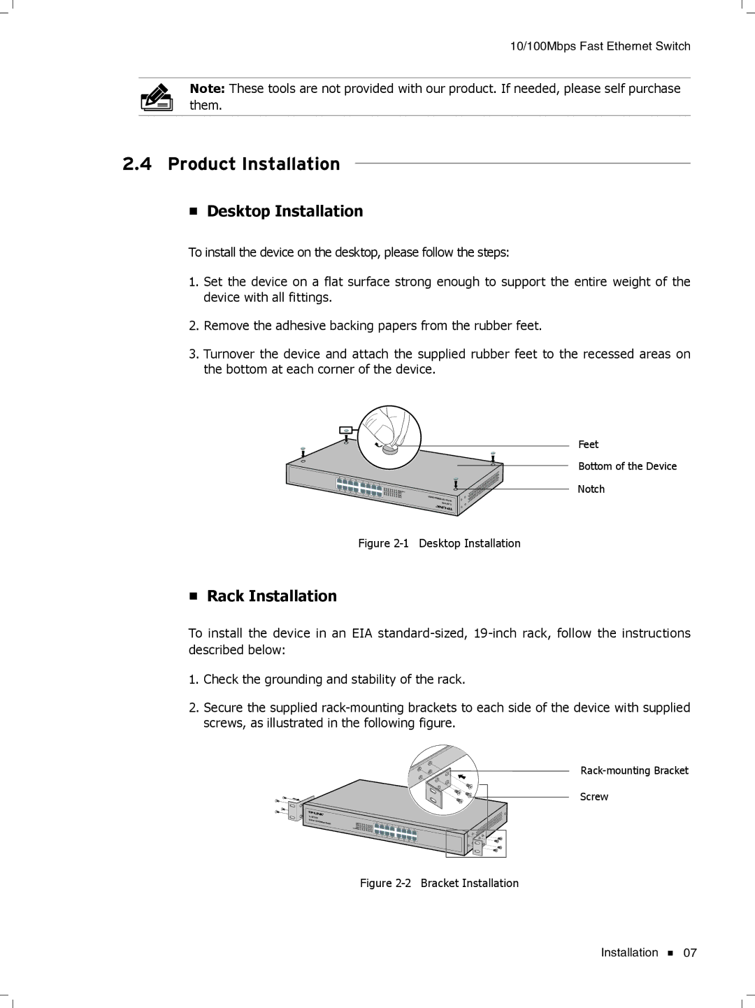 TP-Link TL-SF1024D, TL-SF1048, TL-SF1016DS manual Product Installation, Desktop Installation, Rack Installation 