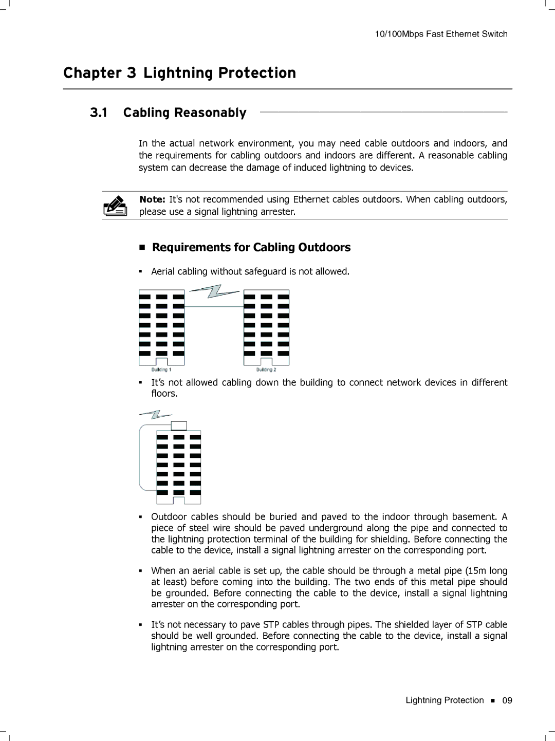 TP-Link TL-SF1016, TL-SF1048 manual Cccccccccc Lightning Protection, Cabling Reasonably, Requirements for Cabling Outdoors 