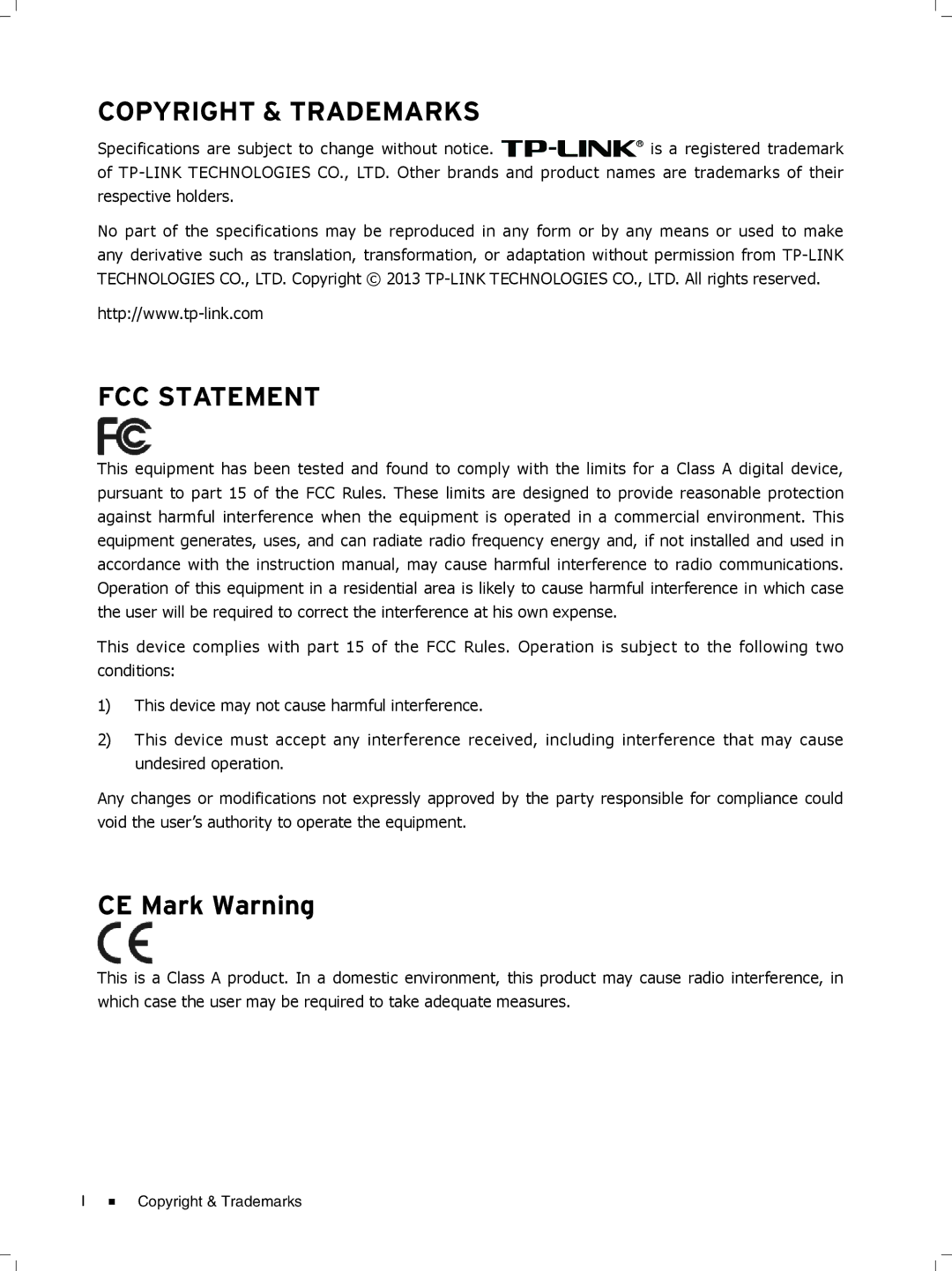 TP-Link TL-SF1048, TL-SF1024D, TL-SF1016DS manual Copyright & Trademarks FCC Statement, CE Mark Warning 