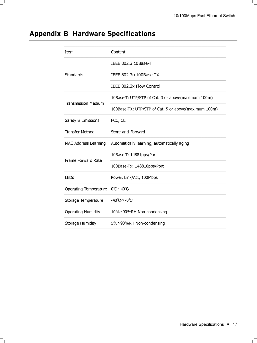 TP-Link TL-SF1024D, TL-SF1048, TL-SF1016DS manual Appendix B Hardware Specifications, Fcc, Ce 