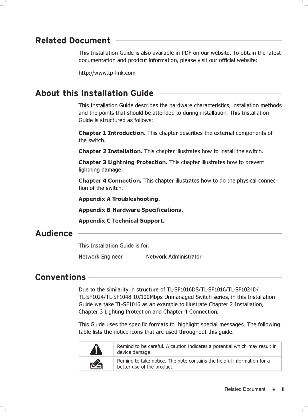 TP-Link TL-SF1048, TL-SF1024D, TL-SF1016DS manual Related Document About this Installation Guide, Audience, Conventions 