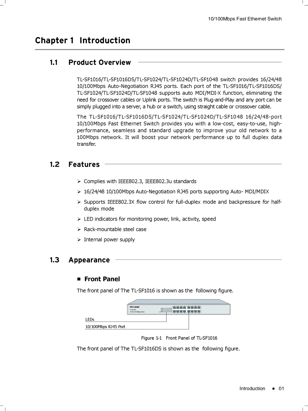 TP-Link TL-SF1048, TL-SF1024D, TL-SF1016 manual Cccccccccc Introduction, Product Overview, Features, Appearance, Front Panel 