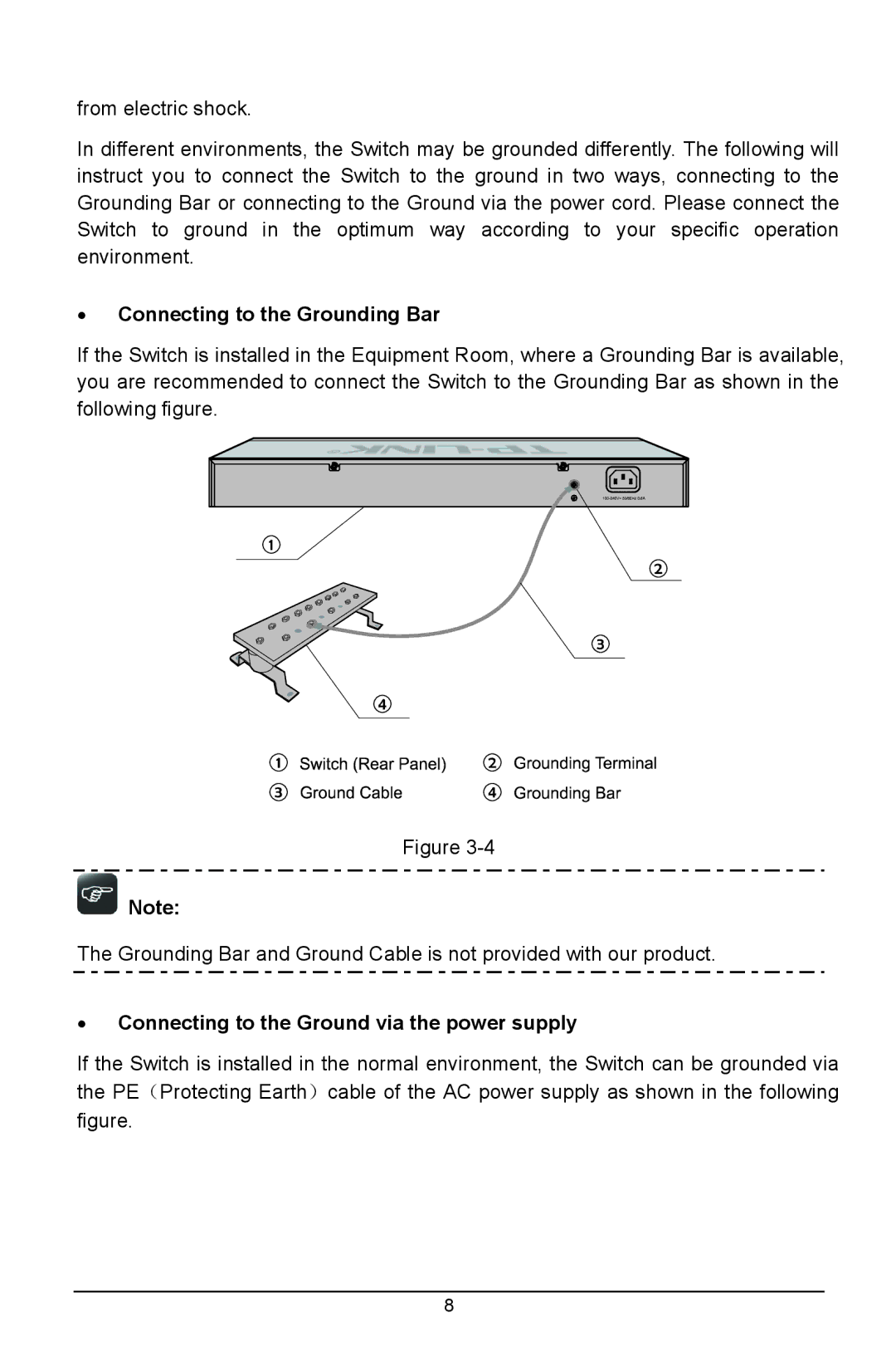 TP-Link TL-SF1024D, TL-SF1048, TL-SF1016 Connecting to the Grounding Bar, Connecting to the Ground via the power supply 