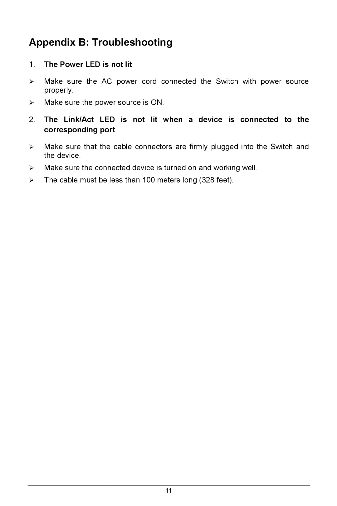 TP-Link TL-SF1016DS, TL-SF1048, TL-SF1024D manual Appendix B Troubleshooting, Power LED is not lit 