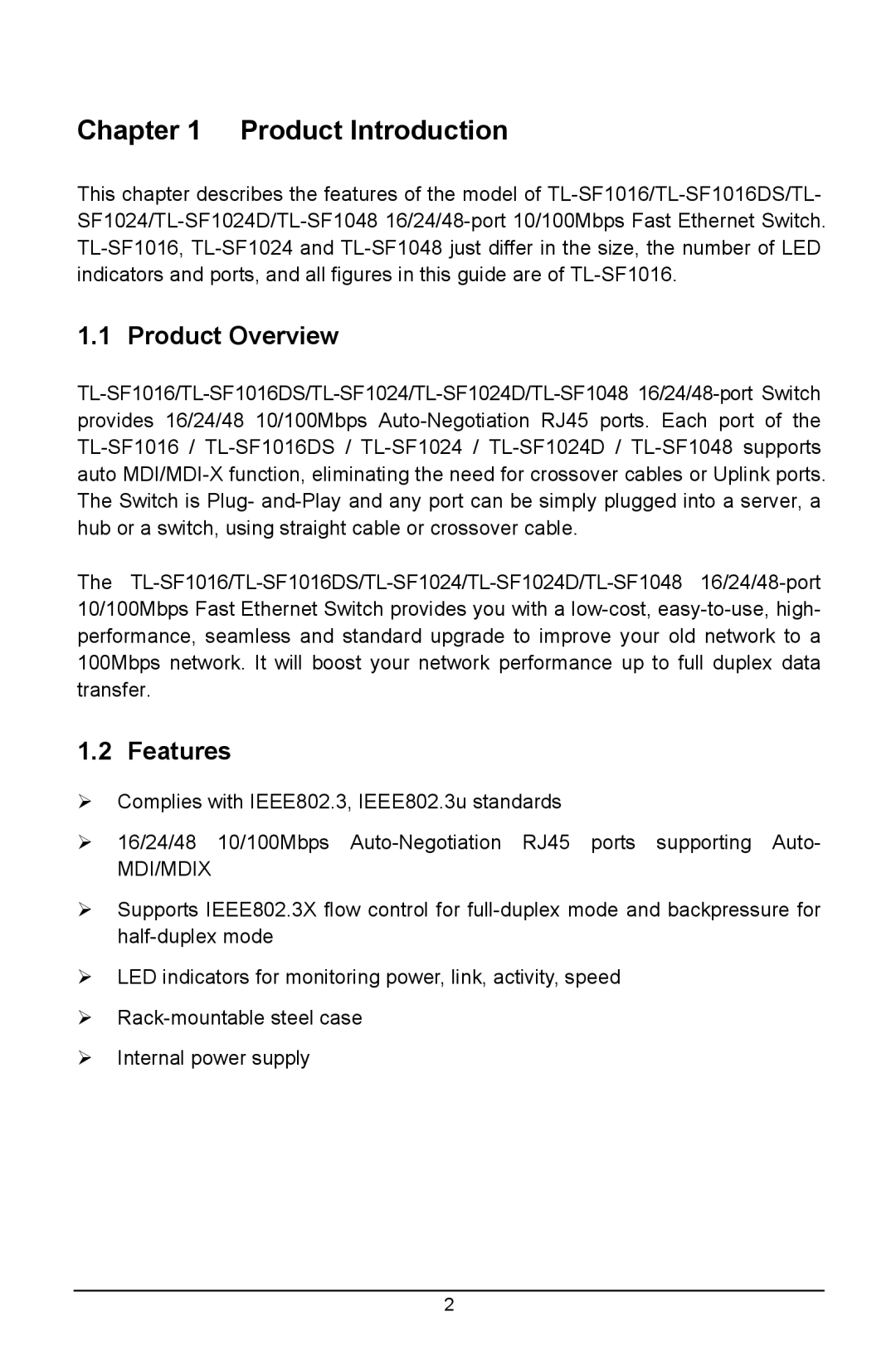 TP-Link TL-SF1048, TL-SF1024D, TL-SF1016DS manual Product Introduction, Product Overview, Features 