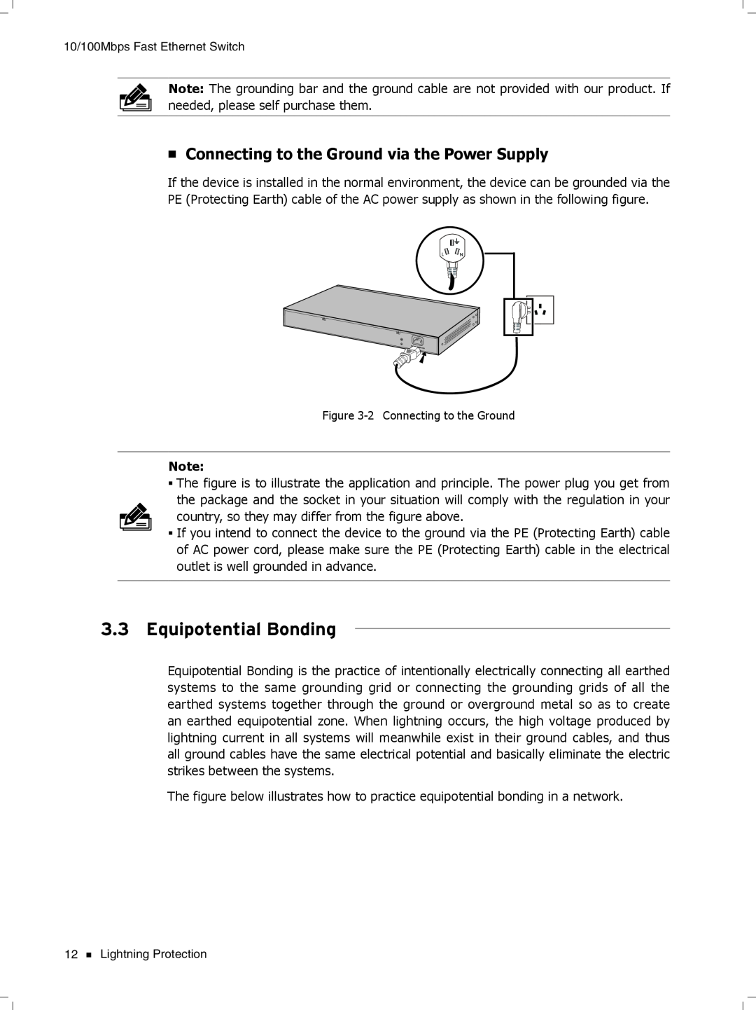 TP-Link TL-SF1024D, TL-SF1048, TL-SF1016DS manual Equipotential Bonding, Connecting to the Ground via the Power Supply 