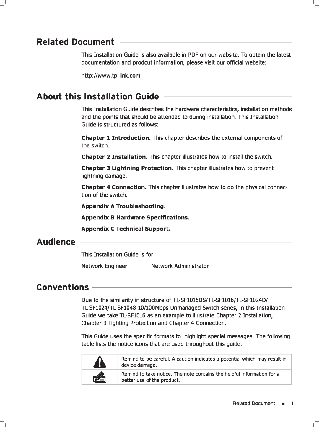 TP-Link TL-SF1016 Related Document, About this Installation Guide, Audience, Conventions, Appendix C Technical Support 