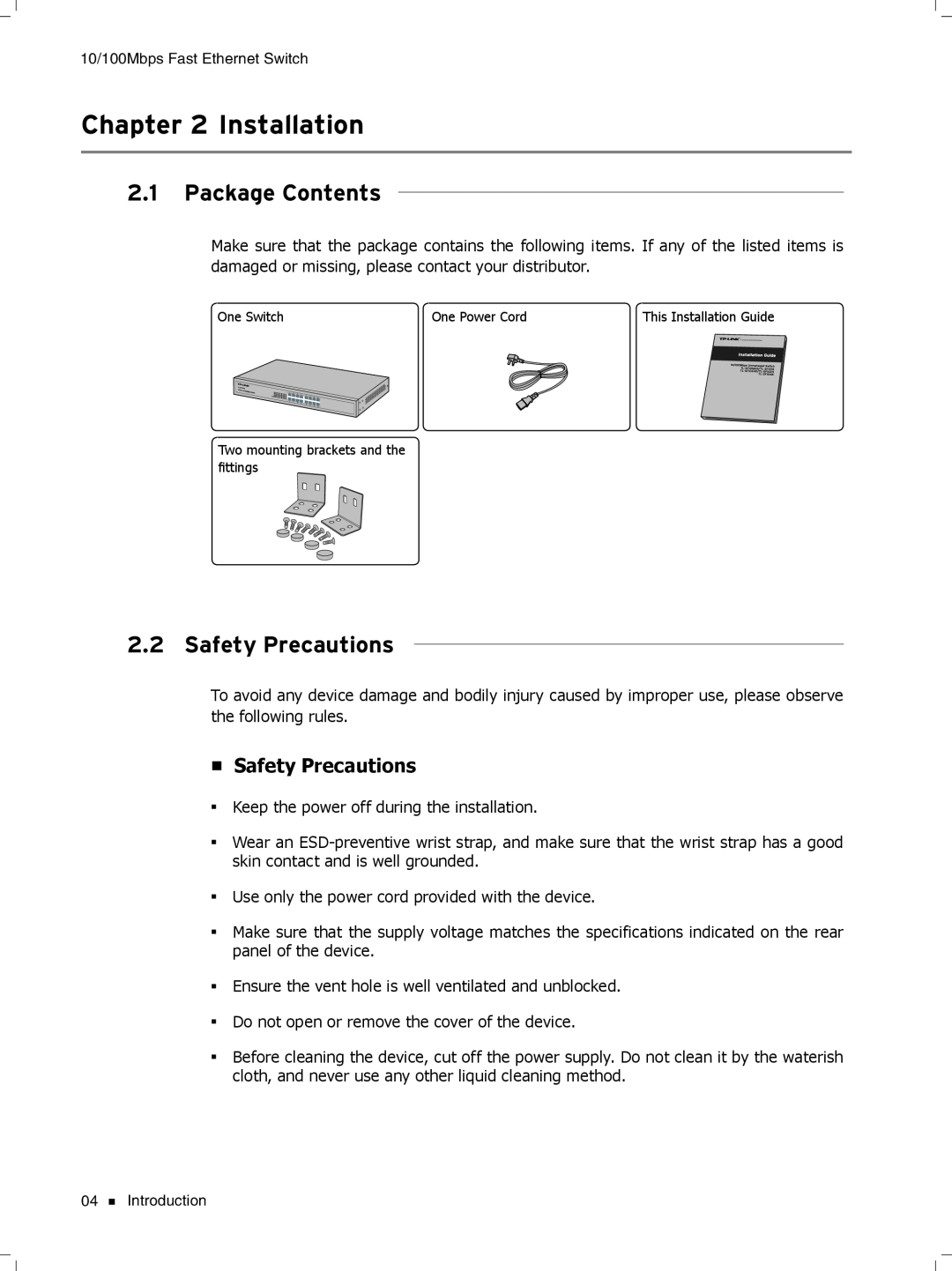 TP-Link TL-SF1048, TL-SF1024D, TL-SF1016DS manual CCCCCCCCCCInstallation, Package Contents, Safety Precautions 