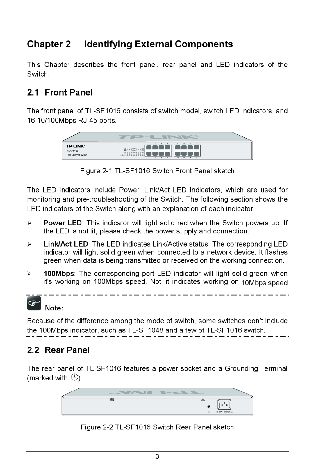 TP-Link TL-SF1024D, TL-SF1048, TL-SF1016DS manual Identifying External Components, Front Panel, Rear Panel 