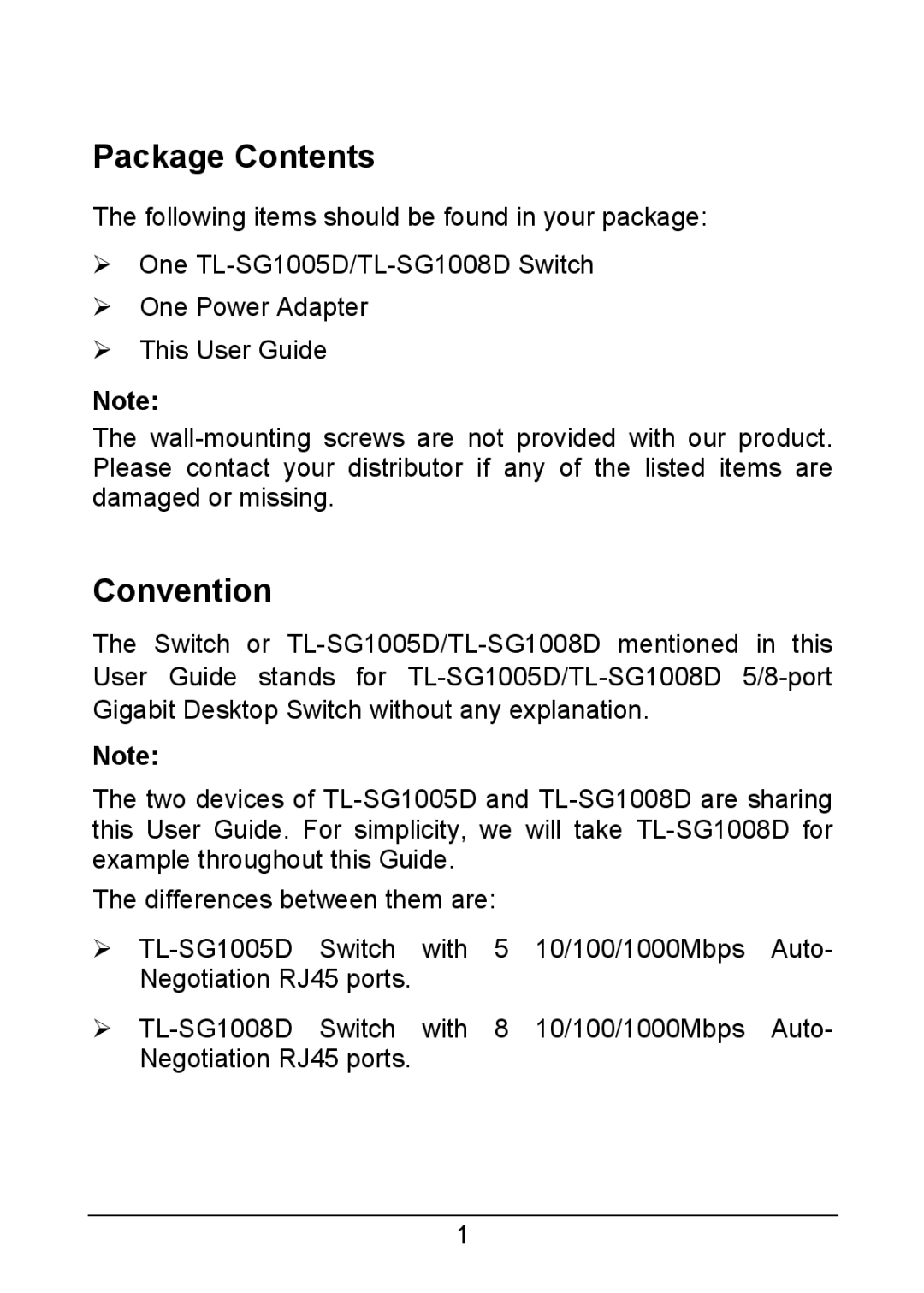 TP-Link TL-SG1008D, TL-SG1005D manual Package Contents, Convention 