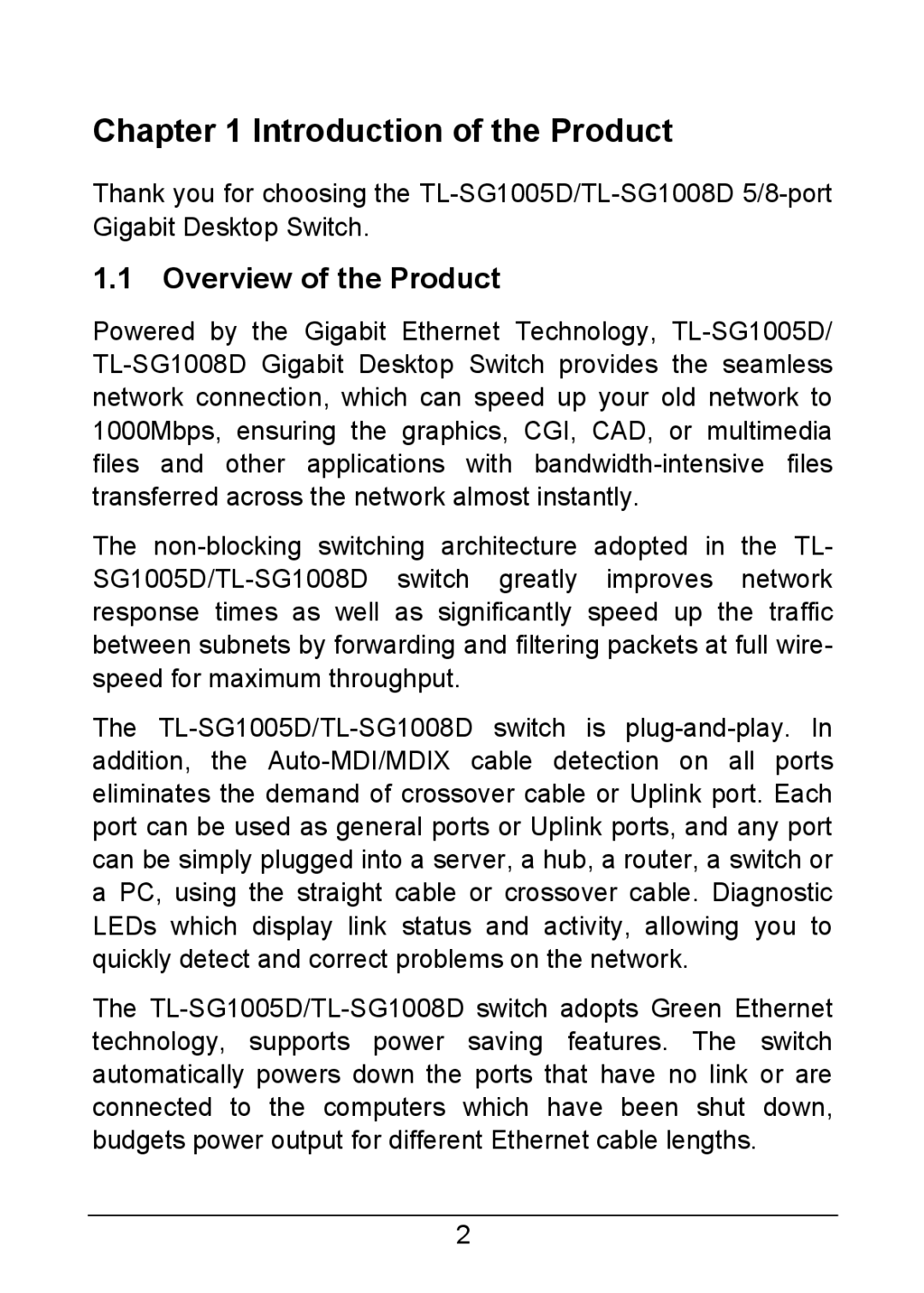 TP-Link TL-SG1005D, TL-SG1008D manual Introduction of the Product, Overview of the Product 