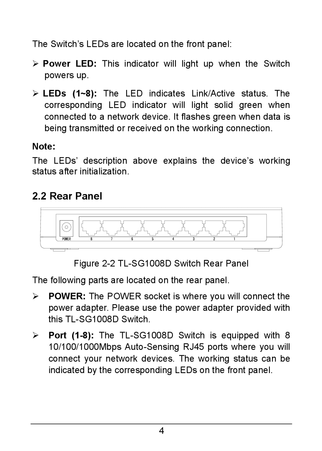 TP-Link TL-SG1005D, TL-SG1008D manual Rear Panel 