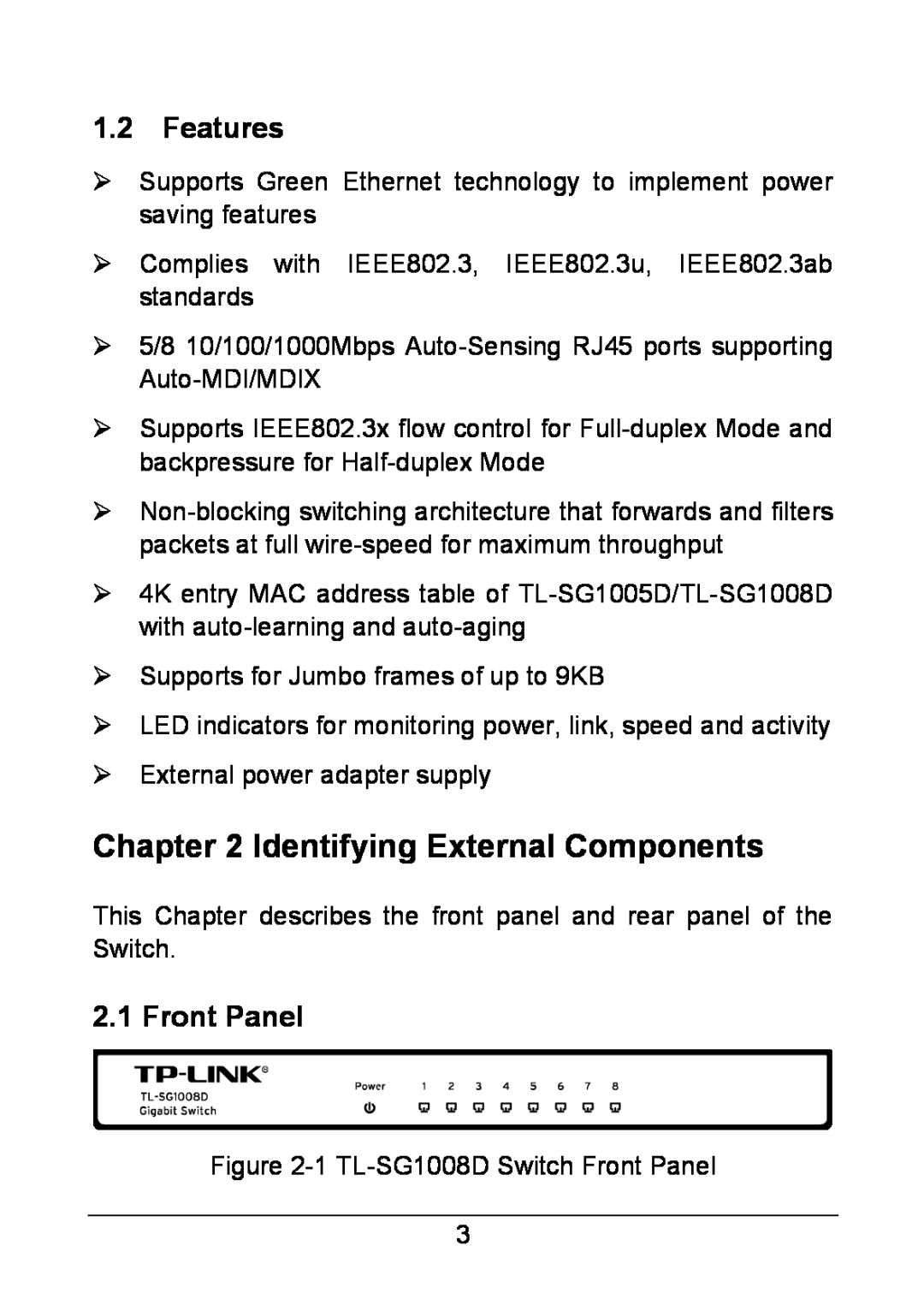 TP-Link TL-SG1008D, TL-SG1005D manual Identifying External Components, Features, Front Panel 