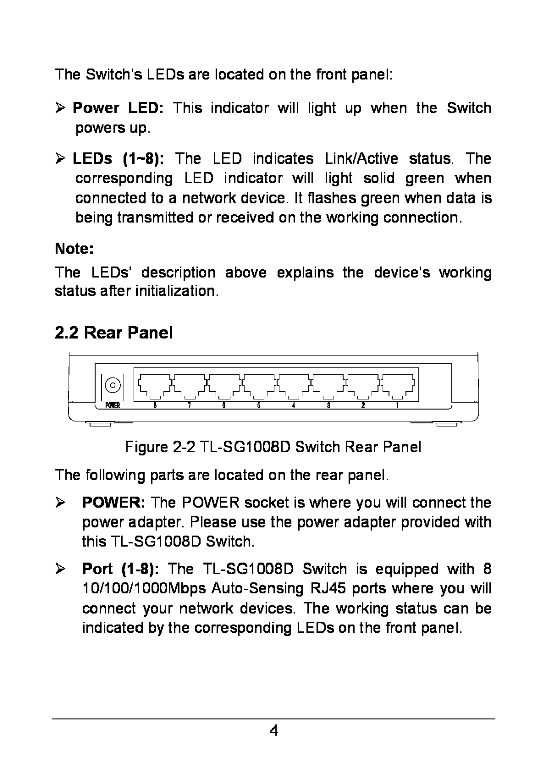 TP-Link TL-SG1005D, TL-SG1008D manual Rear Panel 