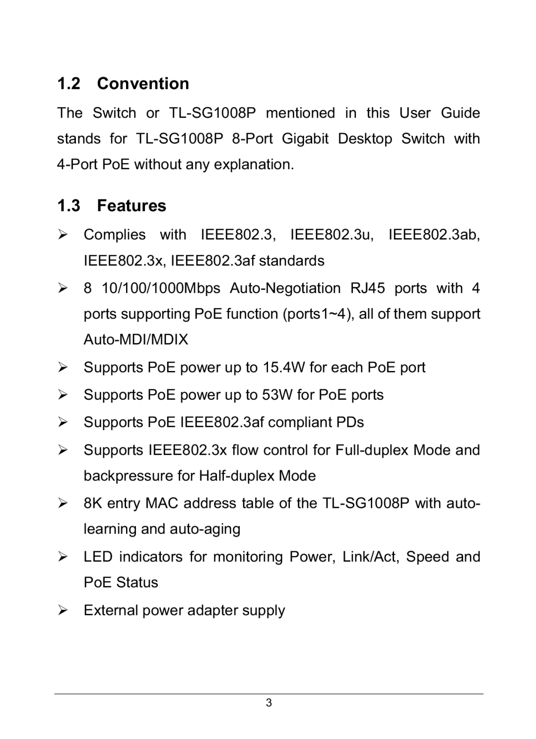 TP-Link TL-SG1008P manual Convention, Features 