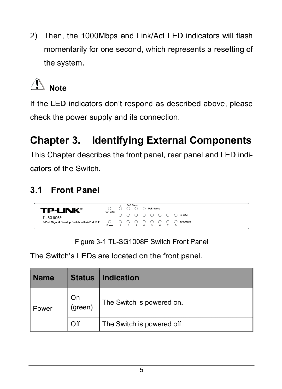 TP-Link TL-SG1008P manual Identifying External Components, Front Panel 