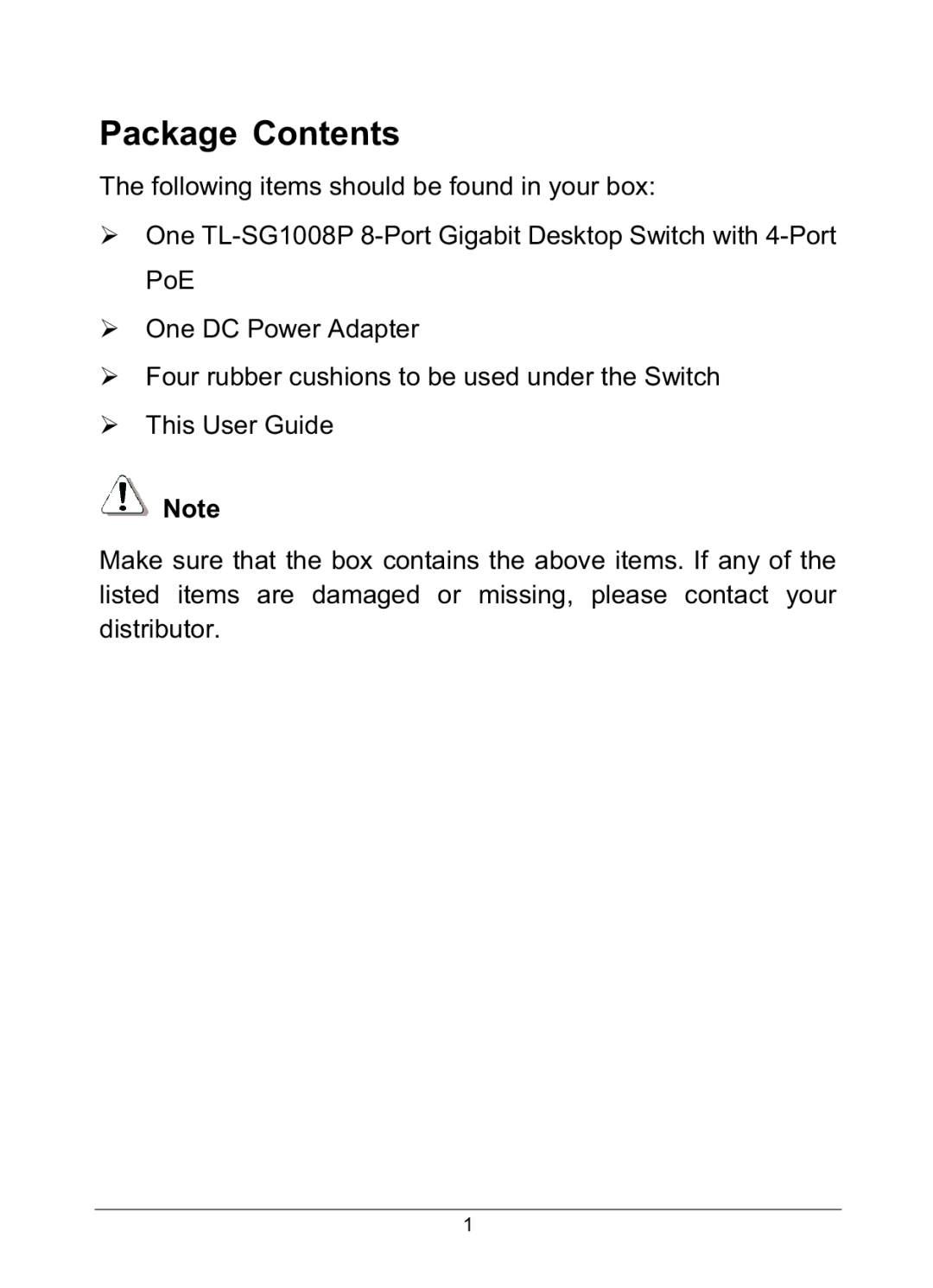 TP-Link TL-SG1008P manual Package Contents, The following items should be found in your box, This User Guide 