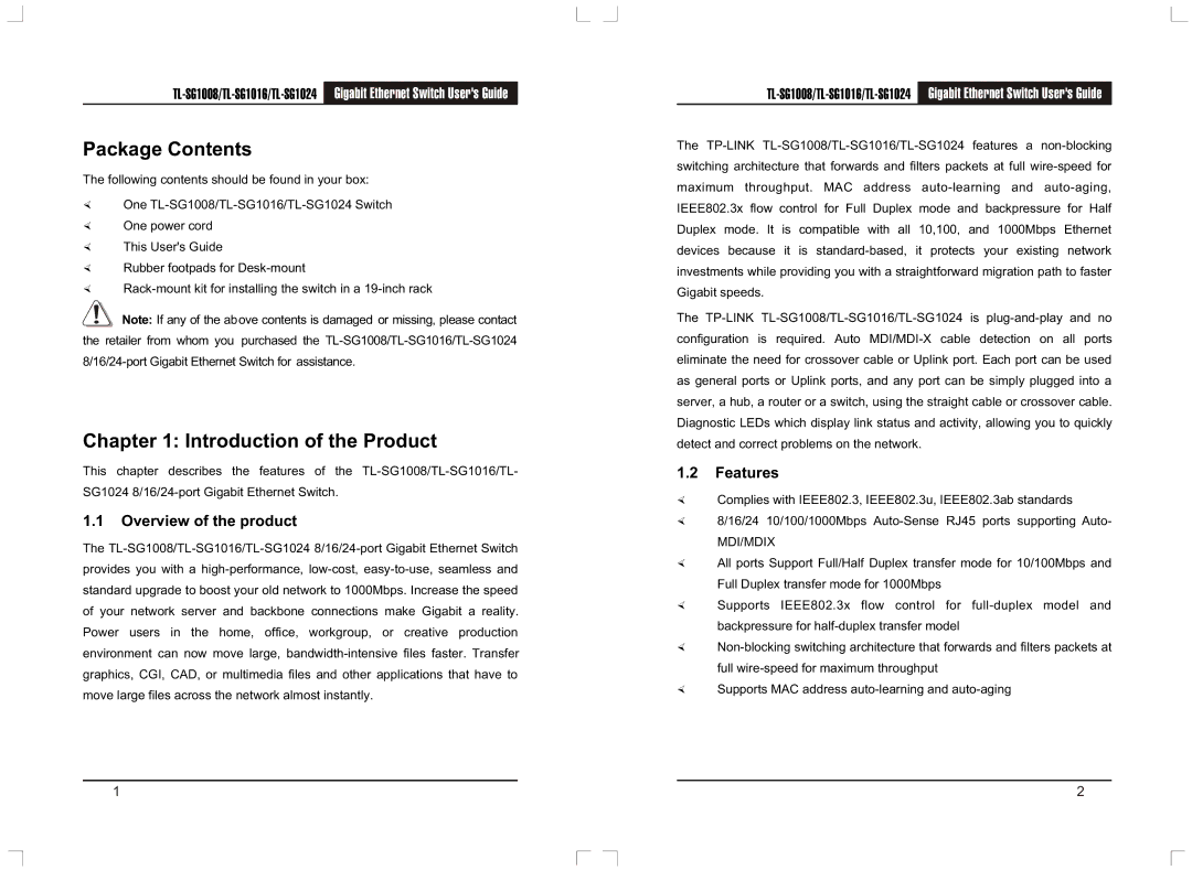 TP-Link TL-SG1024, TL-SG1008, TL-SG1016 manual Package Contents, Introduction of the Product 