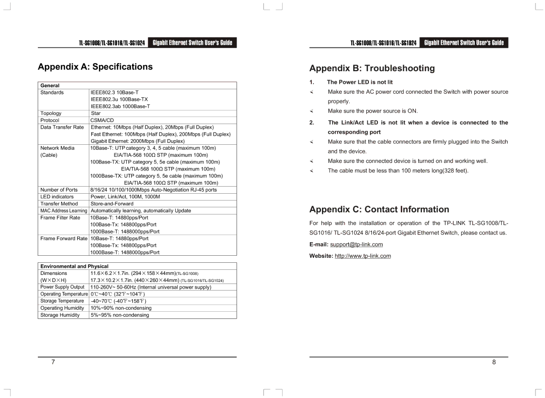 TP-Link TL-SG1024, TL-SG1008, TL-SG1016 manual Appendix a Specifications, General 