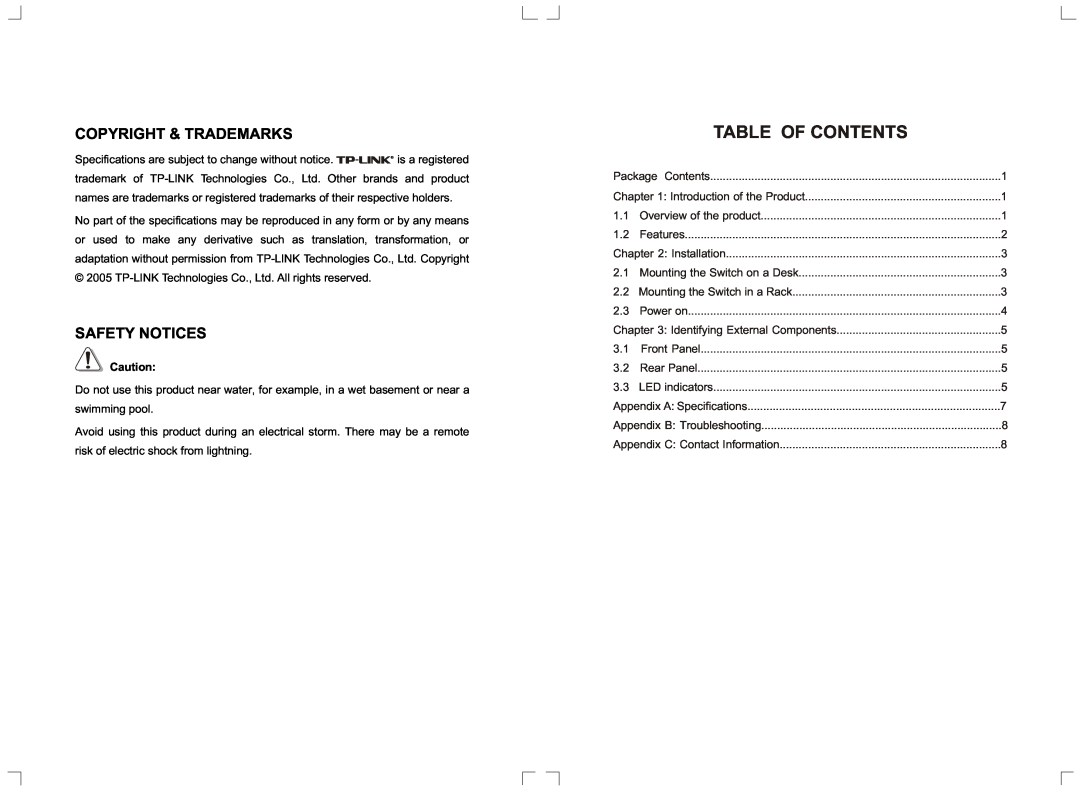 TP-Link TL-SG1016, TL-SG1024, TL-SG1008 manual Table Of Contents, Copyright & Trademarks, Safety Notices 
