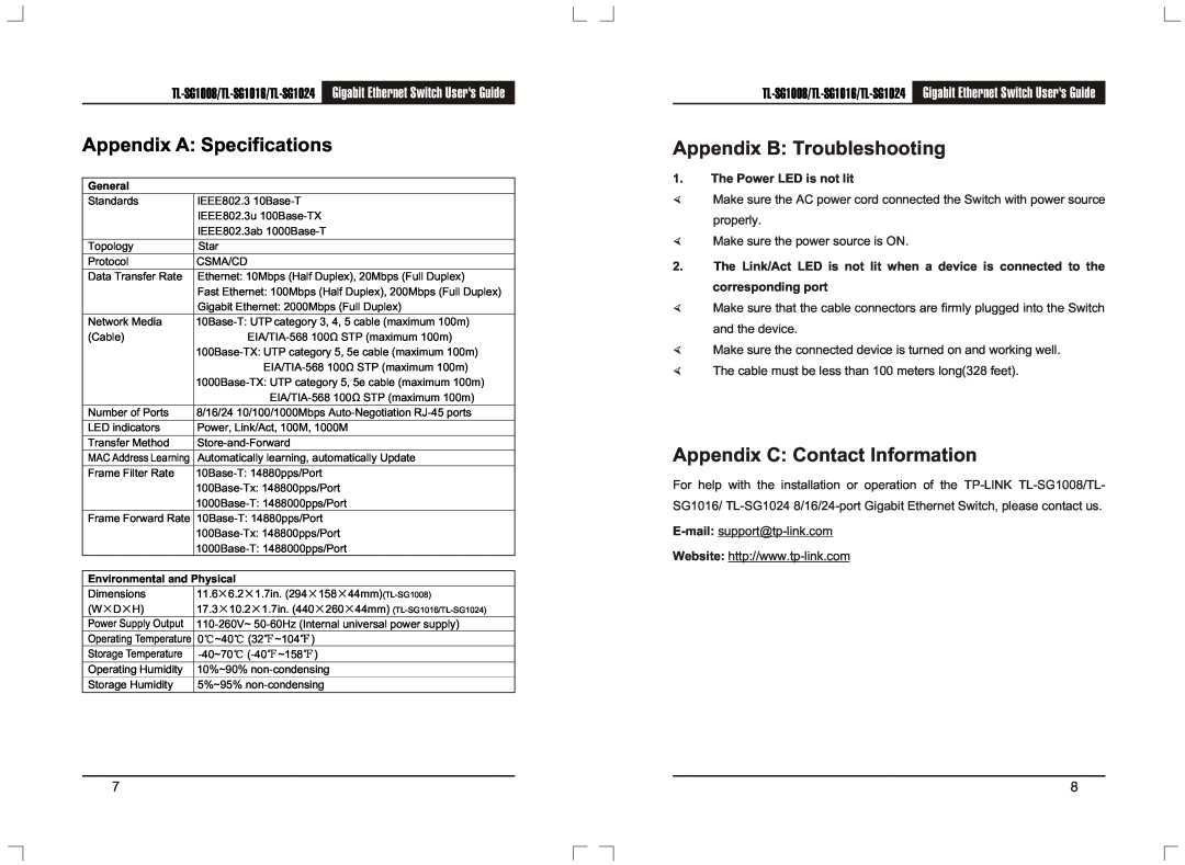 TP-Link TL-SG1024 manual Appendix A Specifications, Appendix B Troubleshooting, Appendix C Contact Information, General 