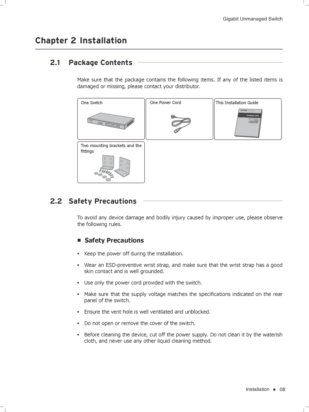 TP-Link tl-sg1048, TL-SG1024, TL-SG1008PE, TL-SG1016D manual CCCCCCCCCCInstallation, Package Contents, Safety Precautions 