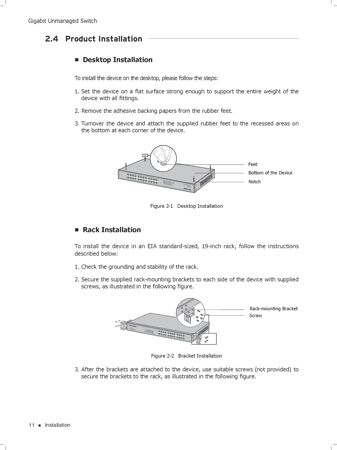 TP-Link TL-SG1008PE, tl-sg1048, TL-SG1024, TL-SG1016D manual Product Installation, Desktop Installation, Rack Installation 