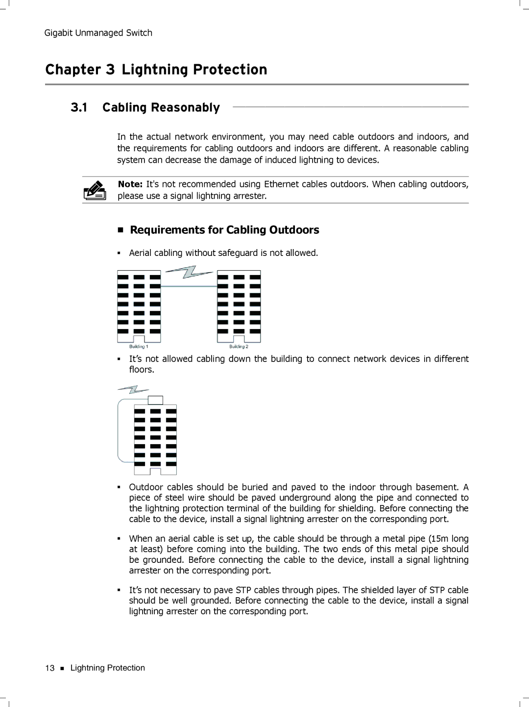 TP-Link TL-SG1008, tl-sg1048 manual Cccccccccc Lightning Protection, Cabling Reasonably, Requirements for Cabling Outdoors 