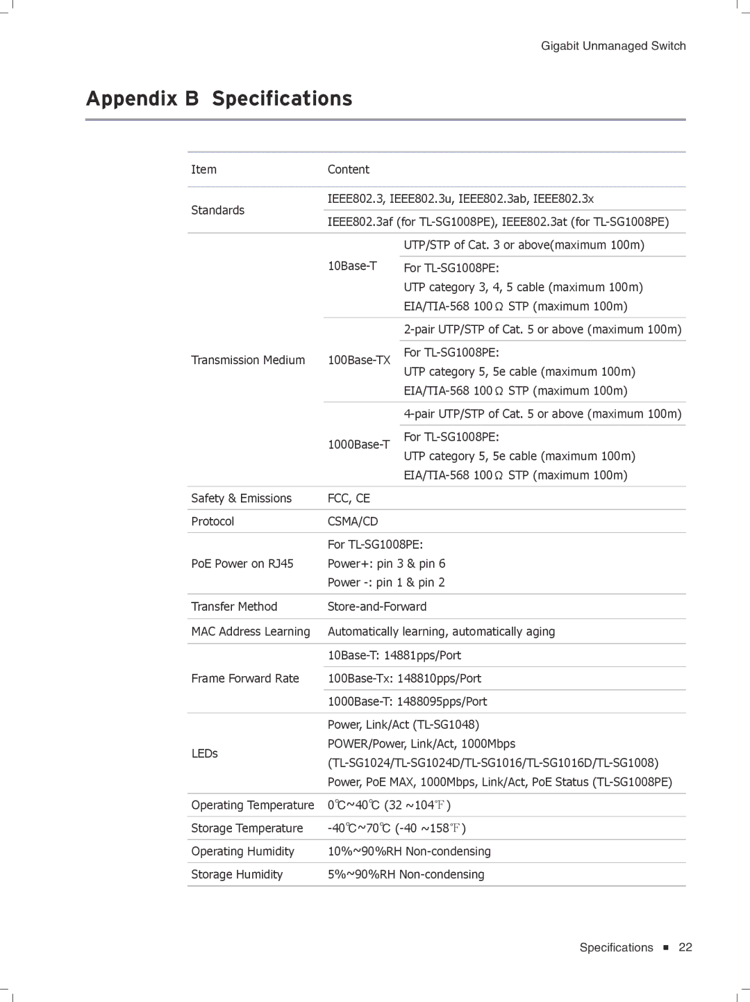 TP-Link tl-sg1048, TL-SG1008PE, TL-SG1016D, TL-SG1024D manual Appendix B Specifications, Csma/Cd 