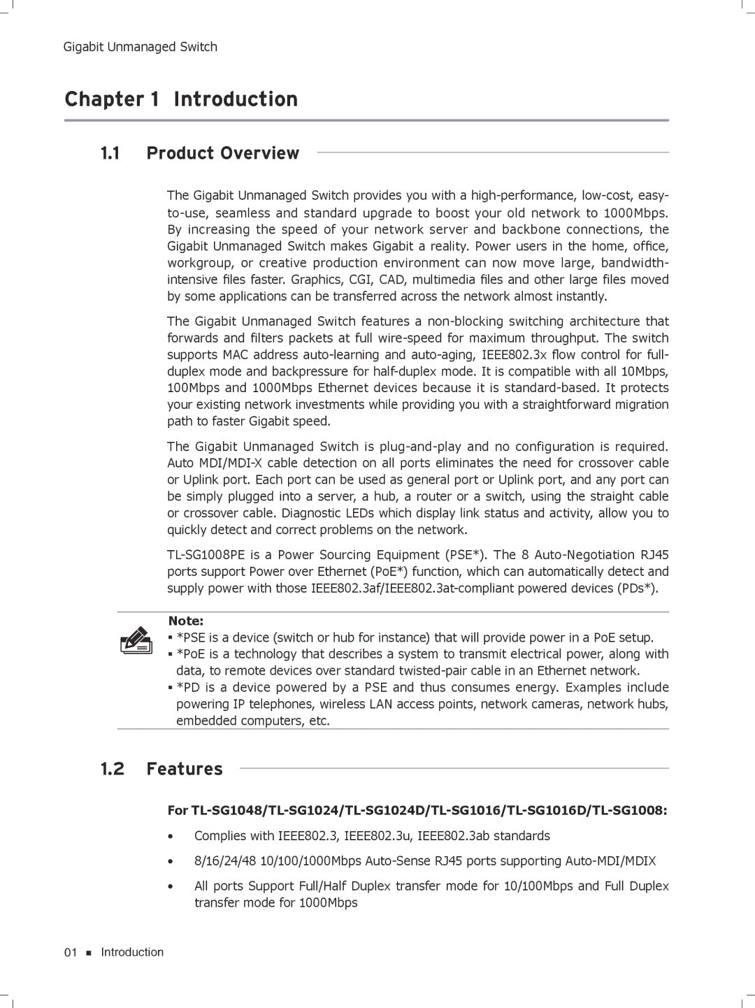 TP-Link tl-sg1048, TL-SG1008PE, TL-SG1016D, TL-SG1024D manual Cccccccccc Introduction, Product Overview, Features 