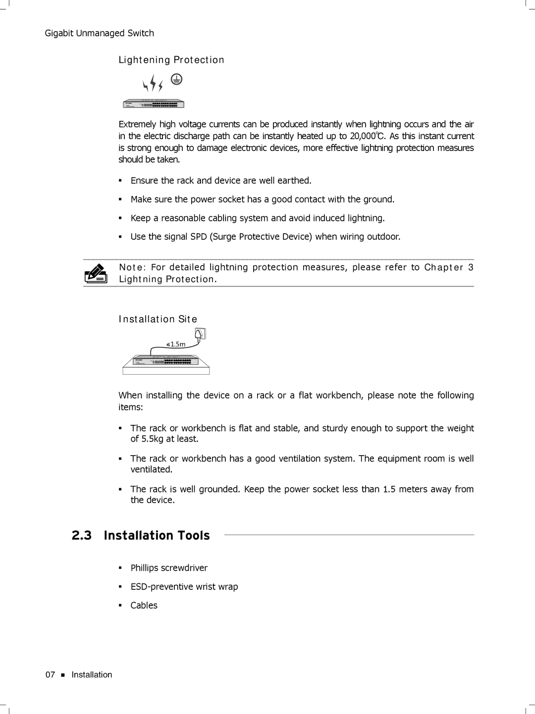 TP-Link tl-sg1048, TL-SG1016D, TL-SG1008, TL-SG1024D manual Installation Tools, Lightening Protection 