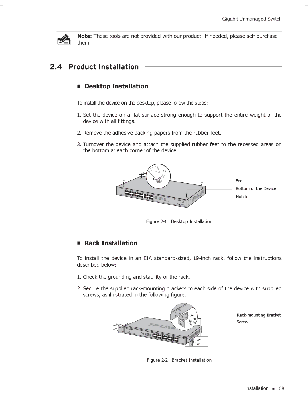 TP-Link tl-sg1048, TL-SG1016D, TL-SG1008, TL-SG1024D manual Product Installation, Desktop Installation, Rack Installation 