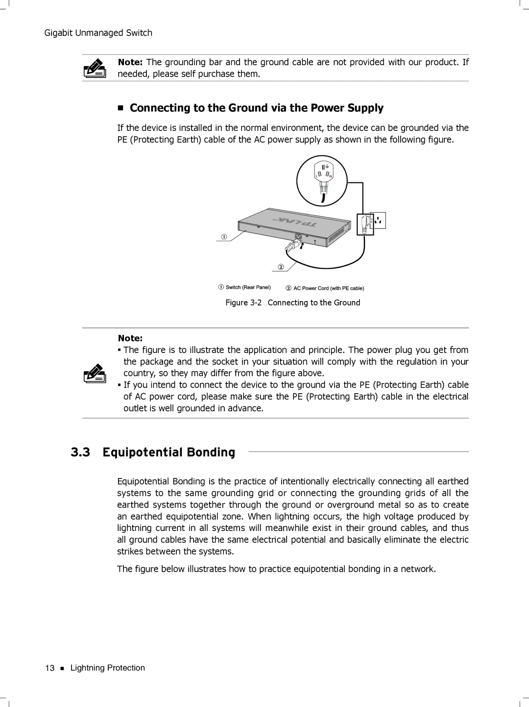 TP-Link tl-sg1048, TL-SG1024, TL-SG1016D, TL-SG1008 Equipotential Bonding, Connecting to the Ground via the Power Supply 